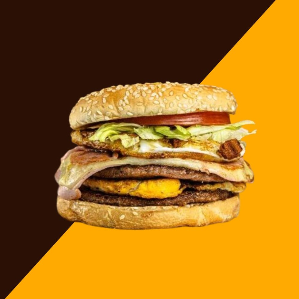 Pão, 2 carnes, presunto, queijo, ovo, maionese de alho, billy jack, cebola crispy, batata palha, salada e requeijão