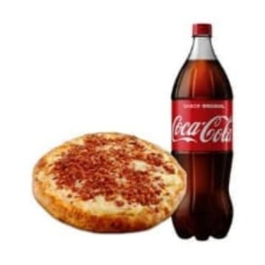 A Sensacional Poderosa Jr.  (Pizza Broto De 2 Andares 4 Pedaços, Borda Recheada De Requeijão, Cheddar E Mussarela. Primeira Camada, Recheio Base Escolhido, Segunda Camada, Molho Especial Rapi10, Provolone, Parmesão E Bacon. (Pesa Em Média 1kg)) e uma Coca-Cola 2lt ou outro refrigerante de sua prefência.