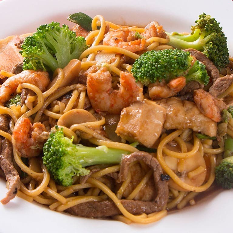 Carne bovina, frango, calabresa, acelga, repolho, brocólis, bambú, champignom, cenoura e molho chinês especial.