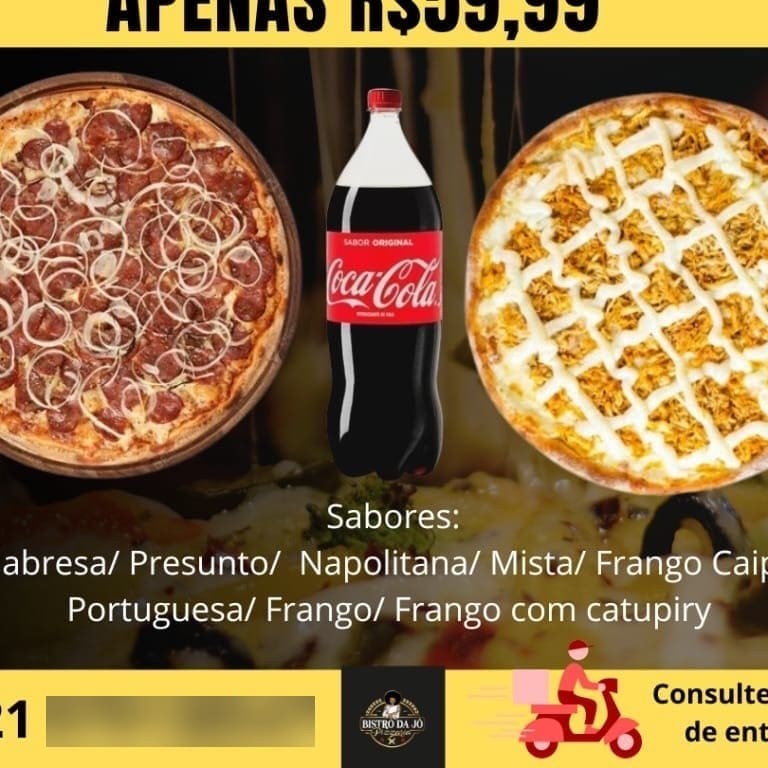 Pode por 2 sabores em cada pizza. Sabores: Calabresa. Presunto, napolitano, mista, frango caipira, portuguea, frango e frango com Catupiry. Sabores doce:Chocolate, Banana com canela ou Doce de Leite.