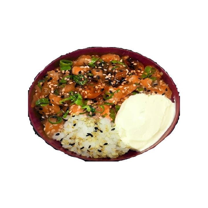 Samão, cream cheese, arroz, pouco teryaki, cebolinha, gergelim e alho poró