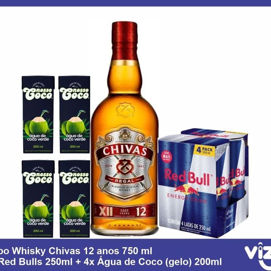 1 Whisky Chivas 12 anos 750 ml 4 Red Bulls 250ml  4 Águas de Coco (gelo) 200ml