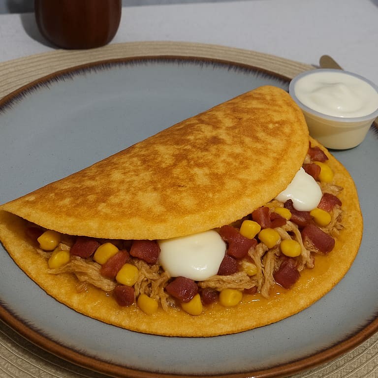Crepioca de Frango, Muçarela, Bacon, Catupiry, Milho e Orégano