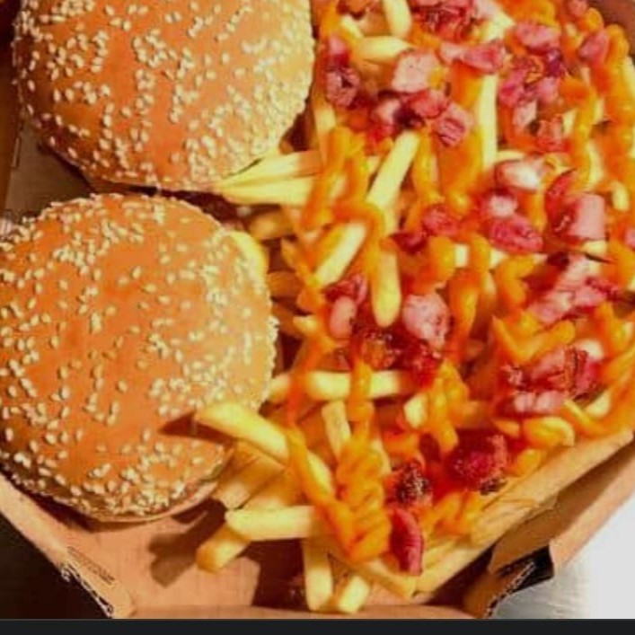2 xtudo( pão,carne ,queijo,presunto,bacon e calabresa ) acompanhado de batata frita com cheddar, bacon, calabresa