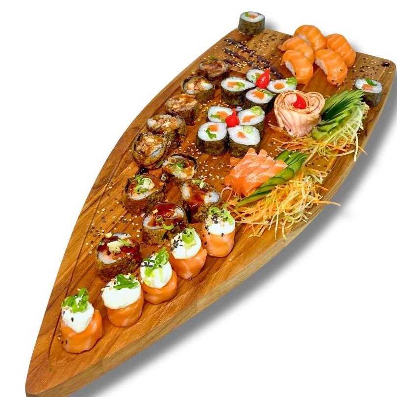 05 Joe tradicional: 05 Sushi Salmão; 05 Sashimi;05 uramaki salmão 10 Filadélfia Salmão; 10 Hot Filadélfia Salmão.