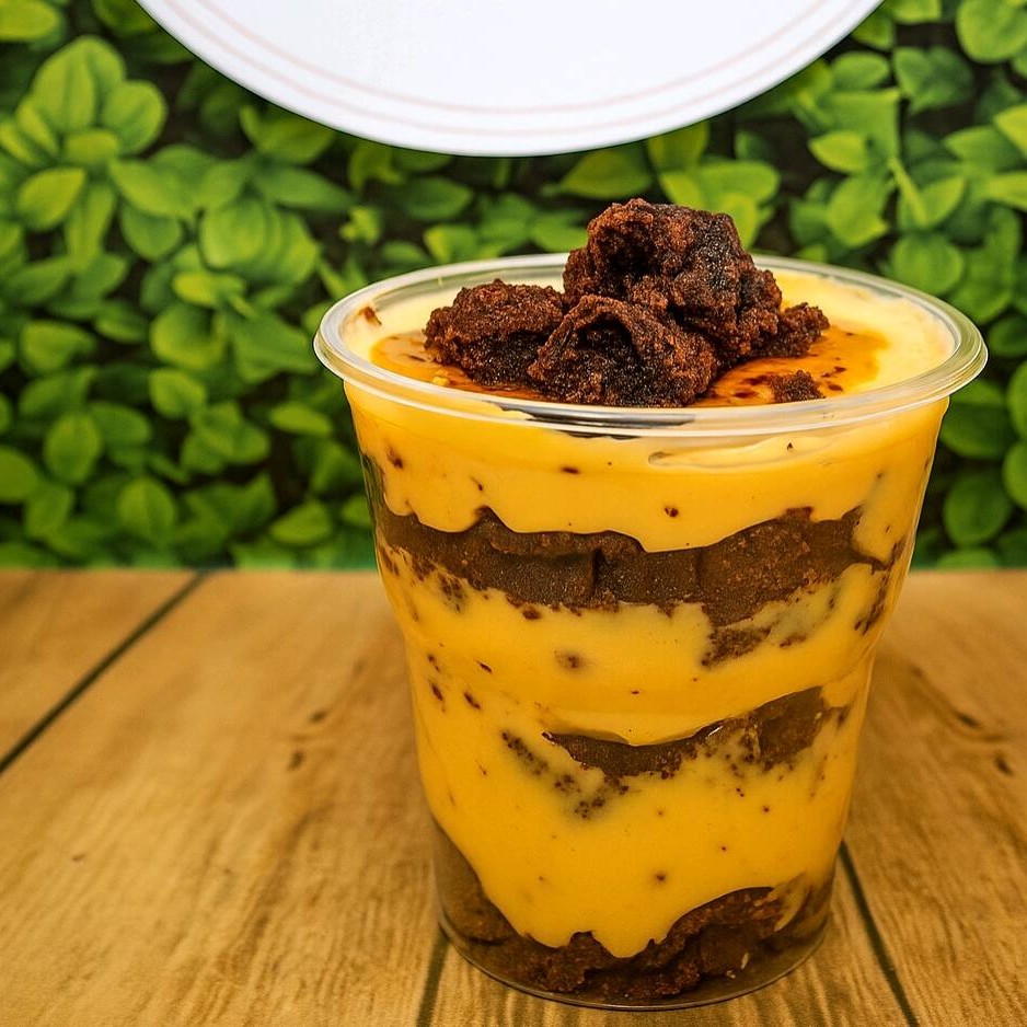 Copo da Felicidade – Maracujá com Brownie  Uma combinação irresistível: camadas de mousse de maracujá bem cremoso, pedaços macios de brownie e chantilly fofinho para completar. Cada colherada é pura felicidade!