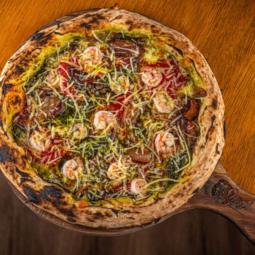 Pesto,Fior de Latte,Camarão,Molho Pingado e Parmesão