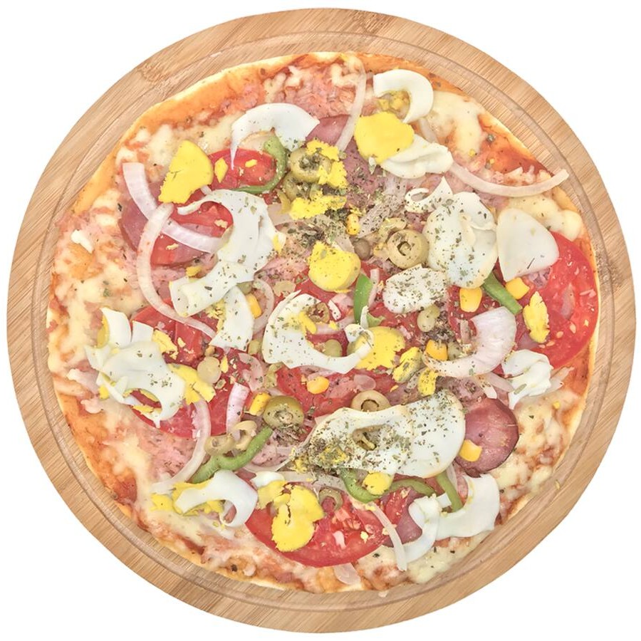 Mussarela, molho de tomate, calabresa, tomate, presunto, cebola, ovo, milho, ervilha, azeitona e orégano.