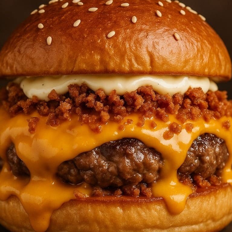 Pão brioche, blend de 160gr, uma generosidade de cheddar c/ farofa de bacon