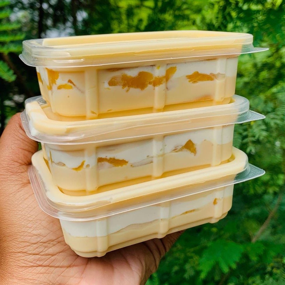 Um delicioso mini pavê de pêssego com nosso brigadeiro de Ninho e creme de Ninho. Serve 1 pessoa pesando 190 gramas