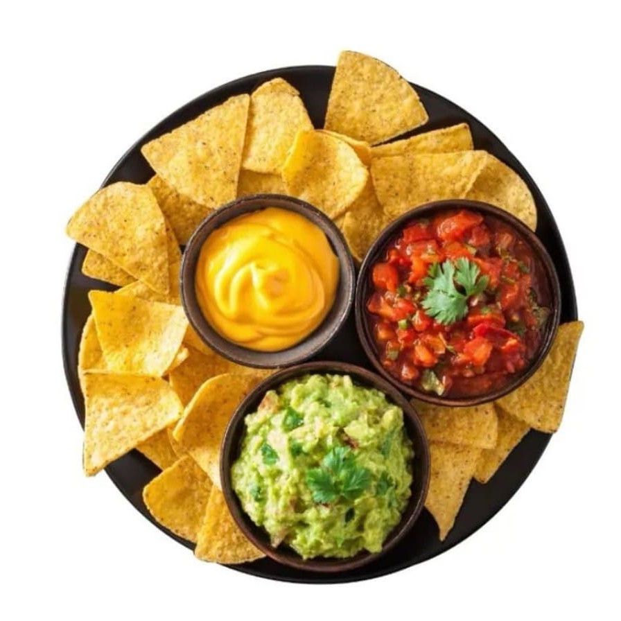 1 porção de tortilha + 1 guacamole 140 ml + 1 salsa 140 ml + 1 Chedar 140 ml =Ki Deliciaaaaa