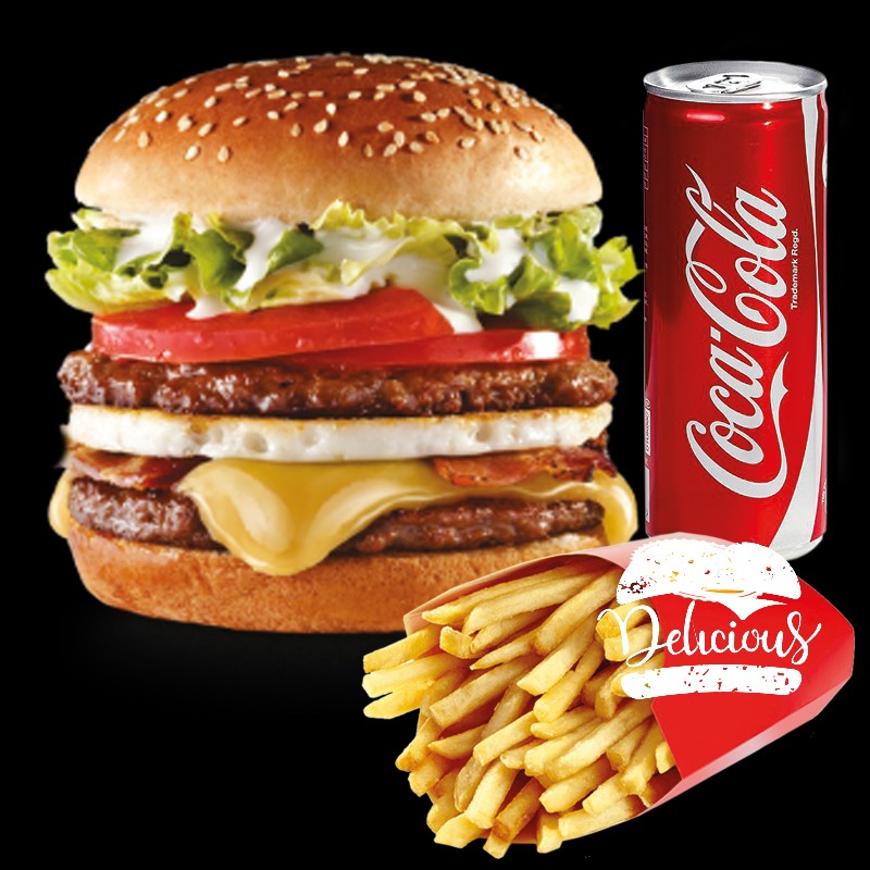 Pão com gergelim, 2 carnes, 2 ovos queijo, presunto, bacon alface e molho especial