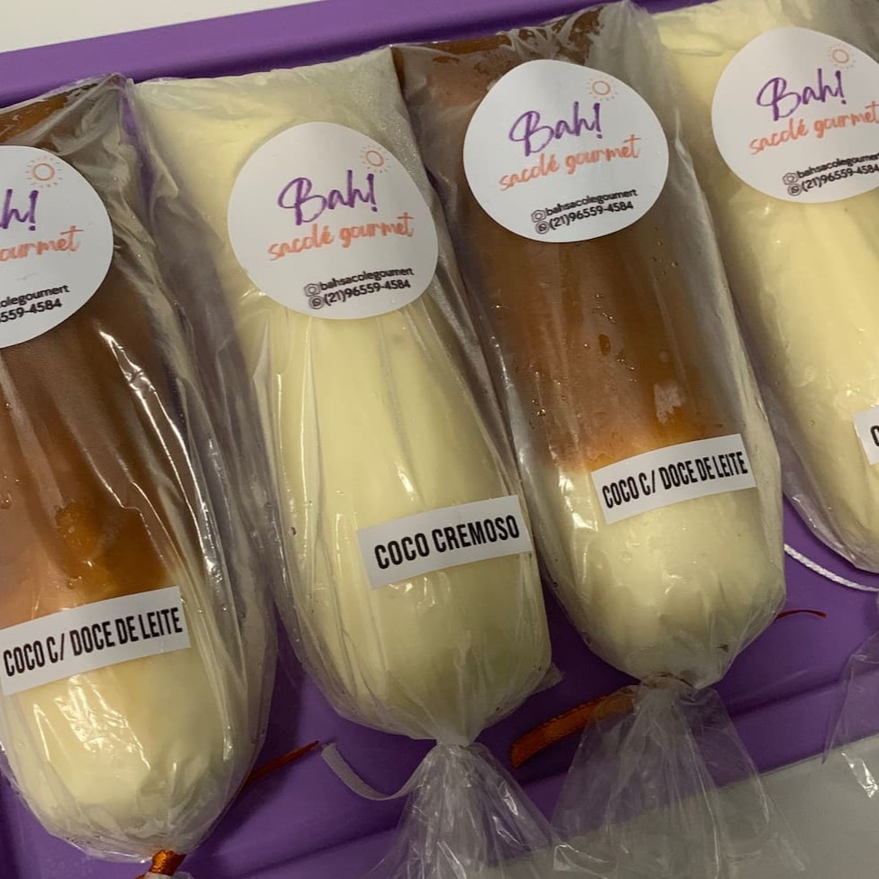 Leve nossos amáveis sacolés gourmets de Coco cremoso + Coco com Doce de leite, com valor promocional.