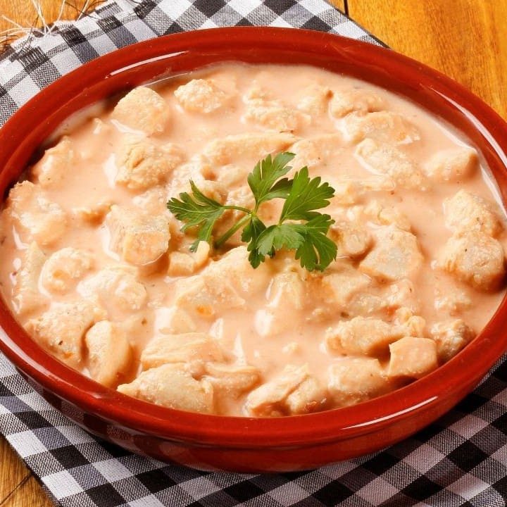 Strogonoff, arroz e batata