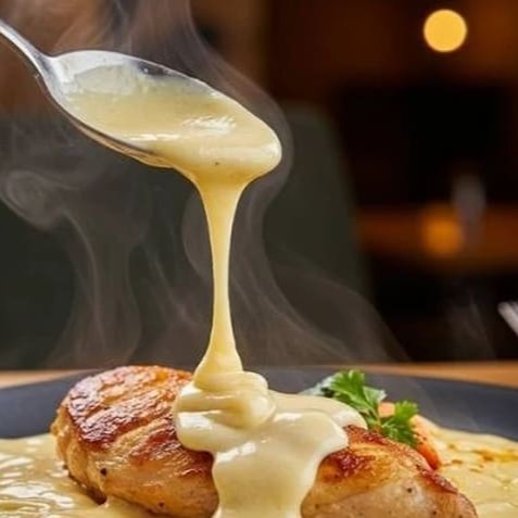 Sobrecoxa de frango dessosada empanada ao molho branco por cima, finalizado com  uma cobertura de queijo mussarela derretido.  Marmita composta por arroz branco, feijão preto, farofa da casa, mais um acompanhamento a escolher.