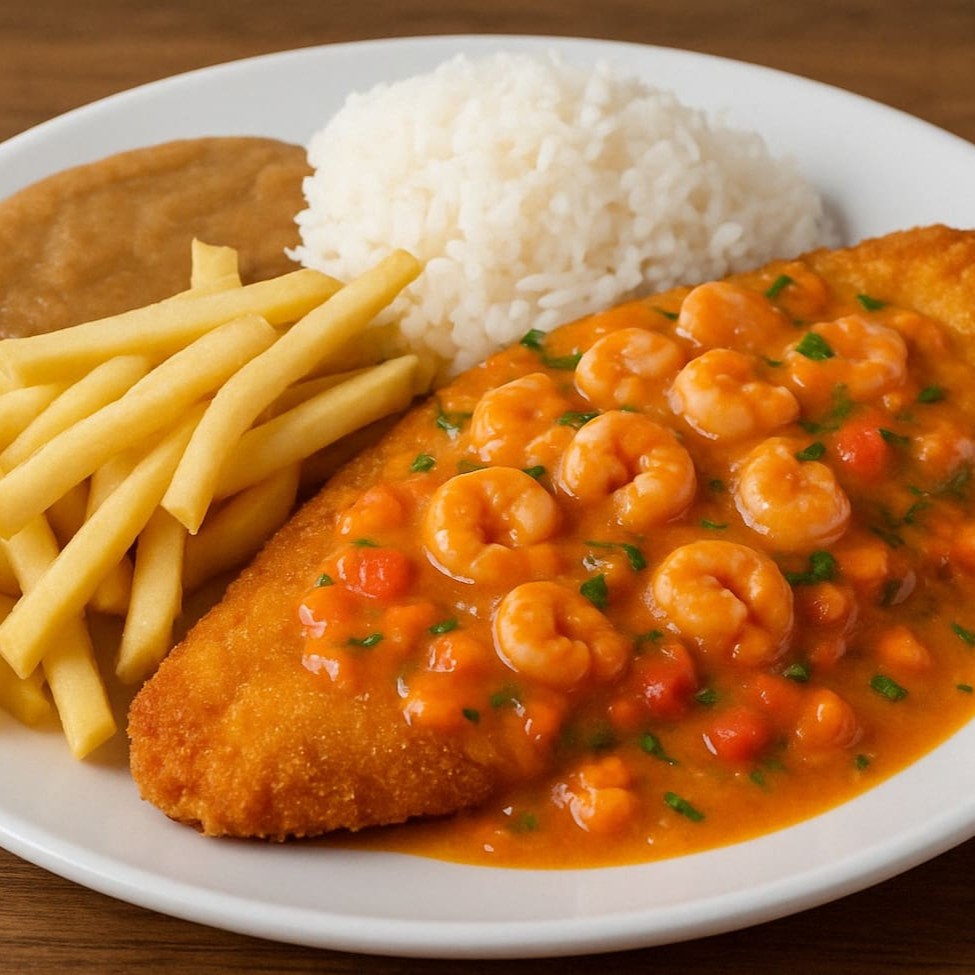 Filé de Panga empanado com um delicioso molho de camarão. Acompanha fritas ou purê, pirão e arroz branco. Um toque especial para quem ama frutos do mar.