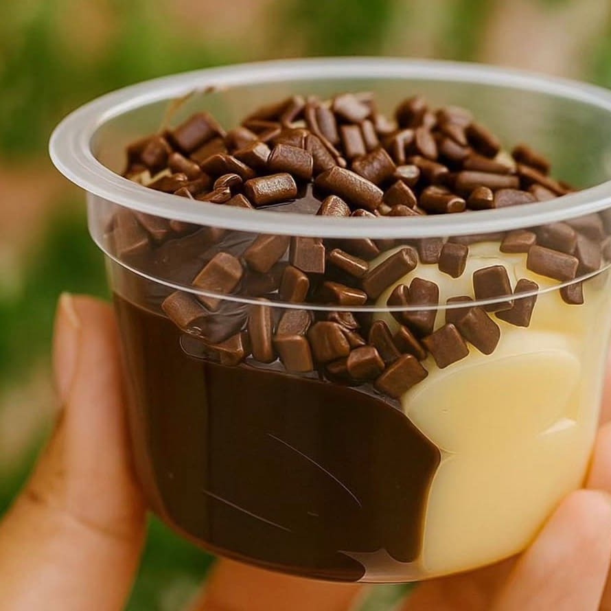 Esse delicioso potinho da felicidade contém brigadeiro 50% cacau e um brigadeiro de Ninho ambos deliciosos!