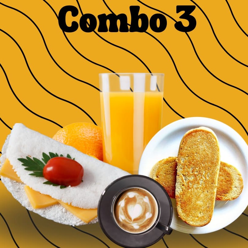 1 tapioca, 1 pão na chapa com manteiga, 1 suco de laranja 300ml,1 café coado ou expresso