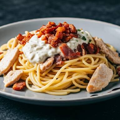 Uma combinação irresistível dos acompanhamentos favoritos: espaguete al dente com cubos de bacon crocante, frango suculento e um cremoso molho branco, tudo levemente refogado no azeite