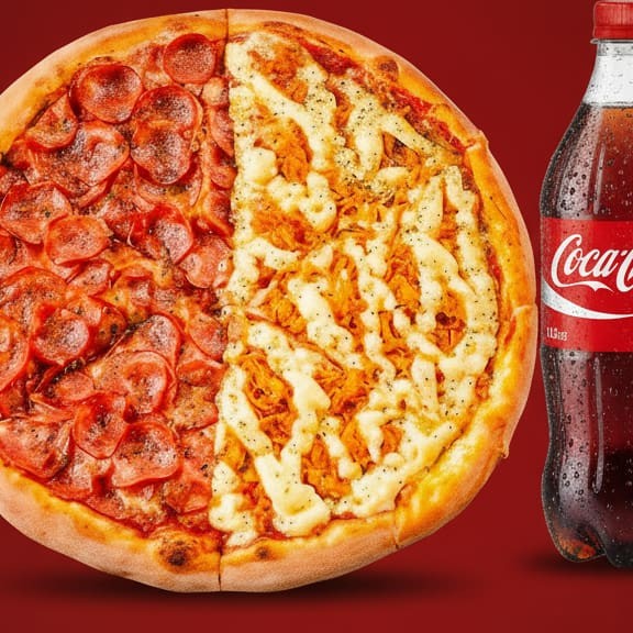 Experimente nossa Pizza Gigante Exclusiva(40cm), Generosamente recheadas e ingredientes de alta qualidade. Acompanhe com uma Coca-Cola 1,5 litros grátis e transforme qualquer ocasião em um momento especial.