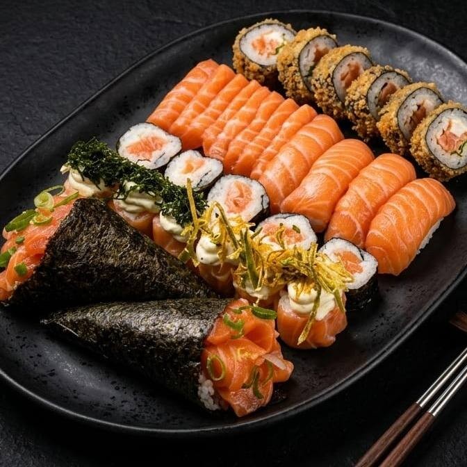 Uma seleção especial dedicada aos amantes do salmão, composta por 12 hots de salmão, 4 niguiris de salmão, 6 joes de salmão (sendo 3 com alho-poró crispy e 3 com crispy de couve), 10 philadelphias de salmão e 8 sashimis de salmão. Para completar a experiência, acompanha 2 temakis de salmão cru, proporcionando ainda mais frescor e sabor!