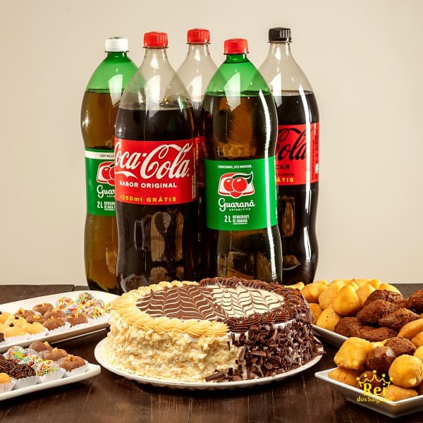 250 Salgadinhos | 100 Docinhos | 5 Refrigerantes 2l | 1 Torta Média - Aro 26