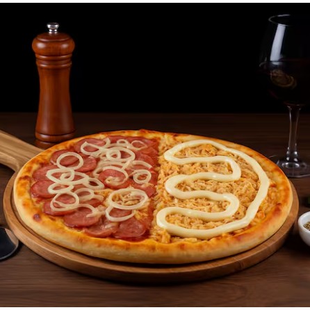 Aqui Vai uma pizza metade calabresa (com uma Calabresa douradinha, cebola fininha, muçarela derretendo e orégano por cima.) + metade Frango com Catupiry (Frango desfiado, Catupiry e muçarela com aquele molho que só o Sr. Pizza conhece). É Tradição Brasileira Pura!