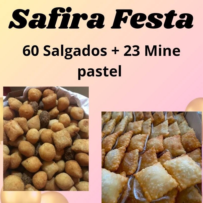 60 salgados ( sortidos) e 23 mini pastéis sortidos