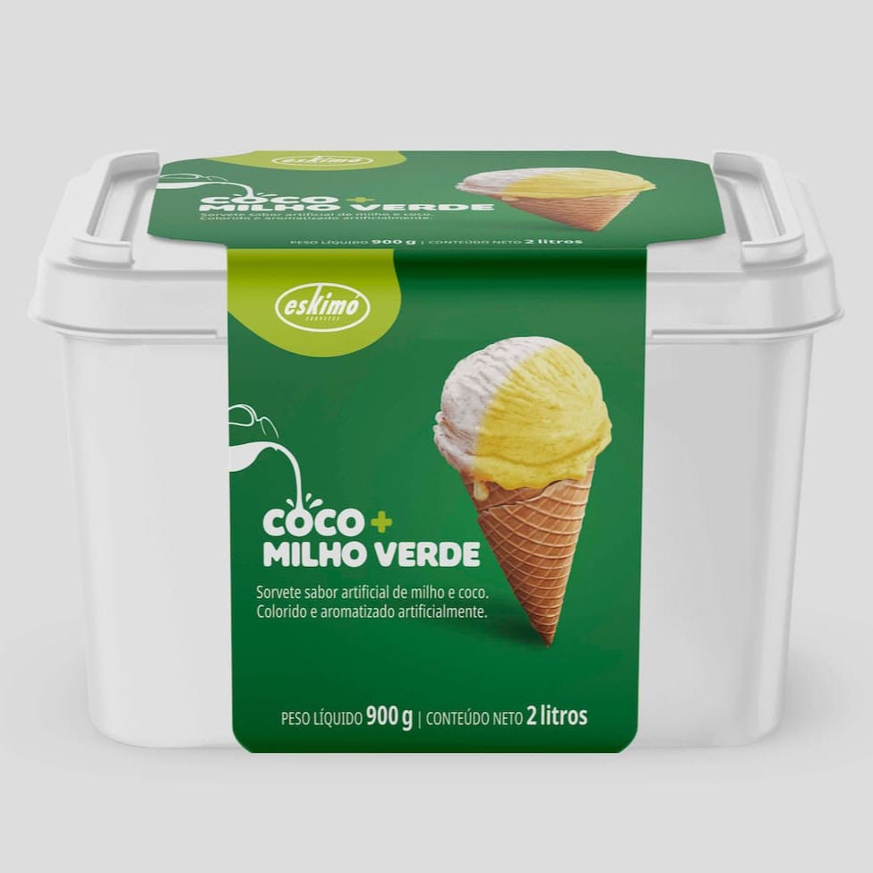 Sorvete sabor coco e milho verde. Colorido e aromatizado artificialmente.