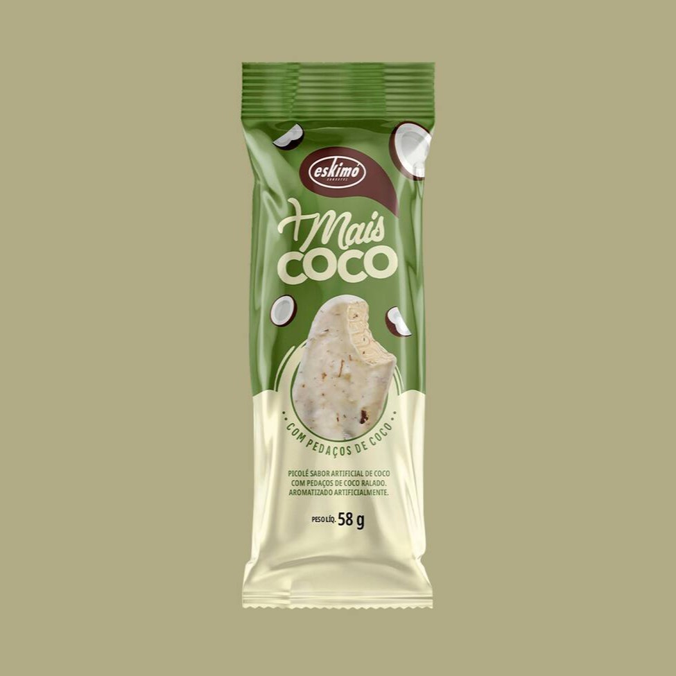 Picolé sabor artificial de coco, com pedaços de coco ralado.