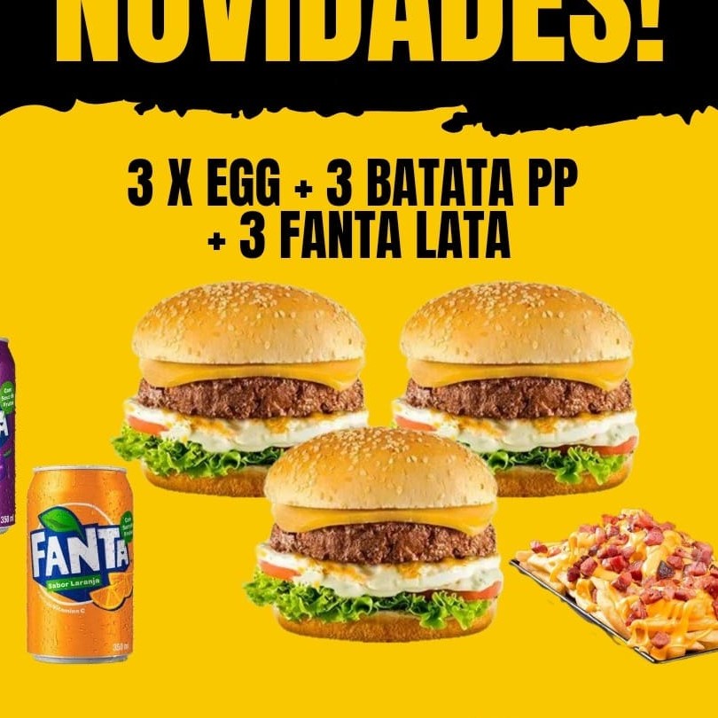 3 x- Gg : pão , carne, ovo, queijo, presunto, salada, batata palha e molho especial  3 batata pp turbinada : batata, cheddar e bacon  3 Fanta laranja sabores