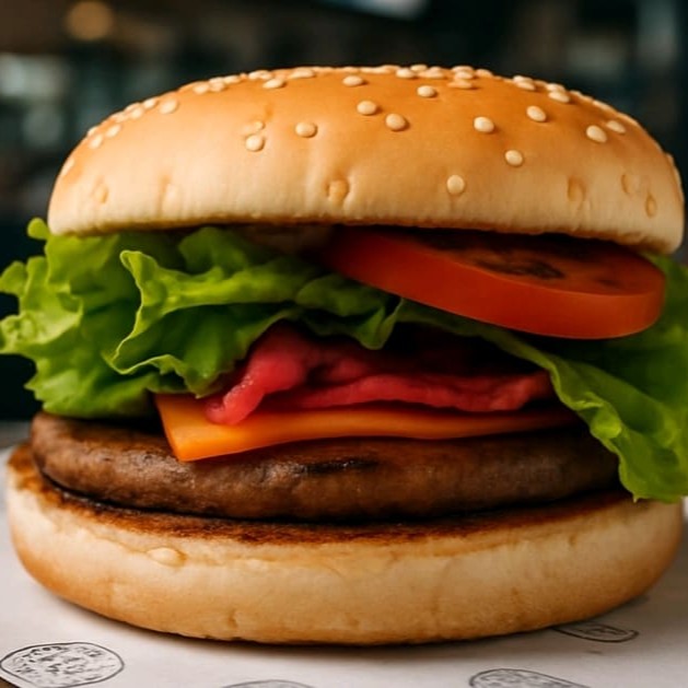 Carne, queijo cheddar, bacon, salada e molho especial