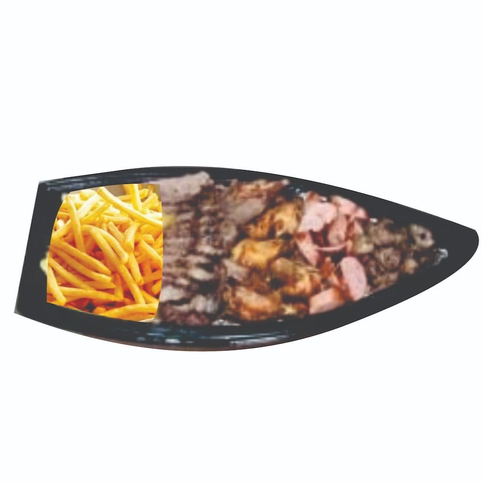Churrasco Misto + Frango a passarinho + Maionese +  Farofa + Molho Vinagrete  + Batata Frita Serve Duas Pessoas!