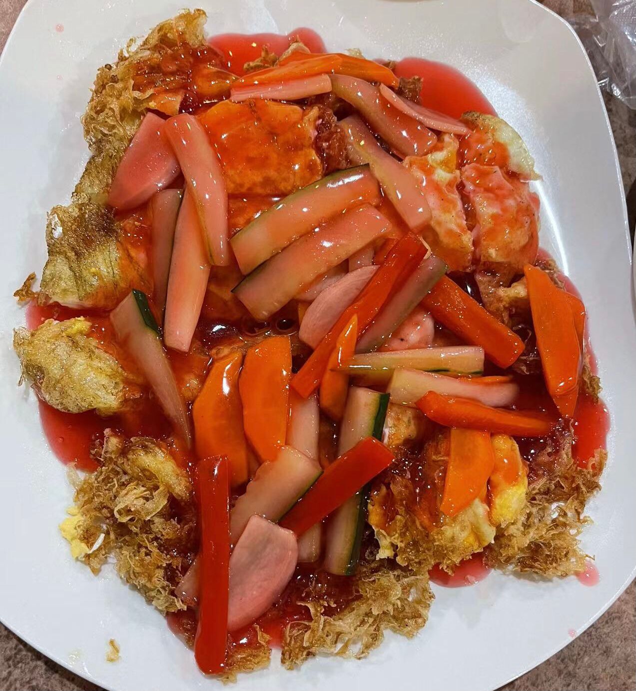 Huevo Frito con Piña en Salsa Agridulce