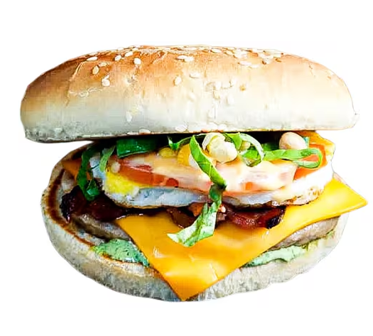 Pão Carne,  ovo,  queijo, cheddar, alface, tomate, , milho, ervilha, batata palha, bacon,