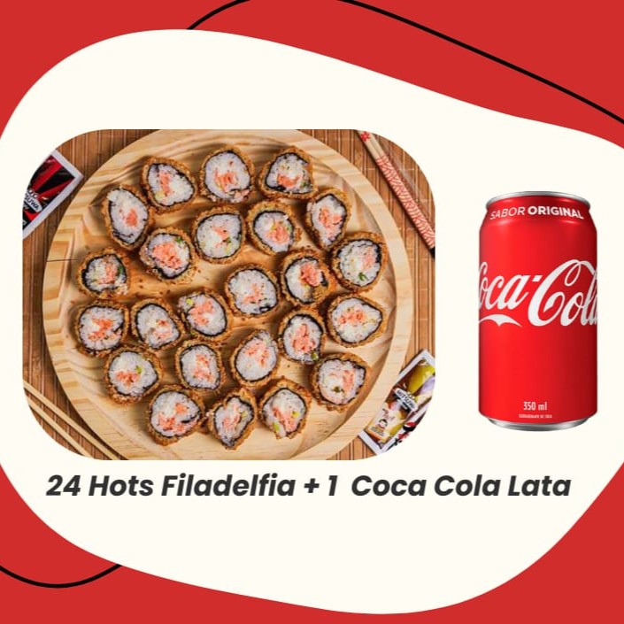 24 Hots Filadelfia + 1 Refrigerante Coca Cola Lata 350 ML