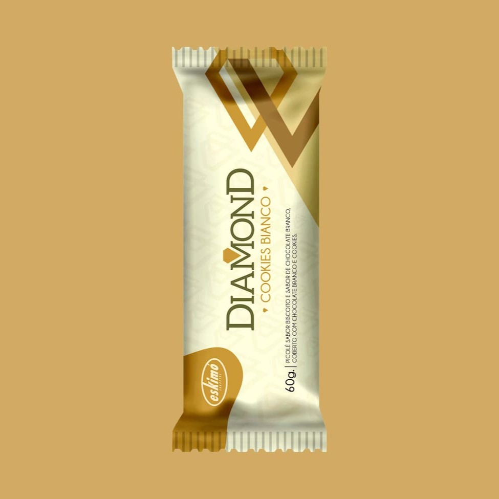 Picolé sabor biscoito e chocolate branco, coberto com chocolate branco e cookies. Peso 60g.