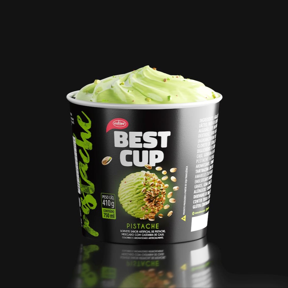 Sorvete sabor Pistache mesclado com castanha de caju. Colorido e aromatizado artificialmente.