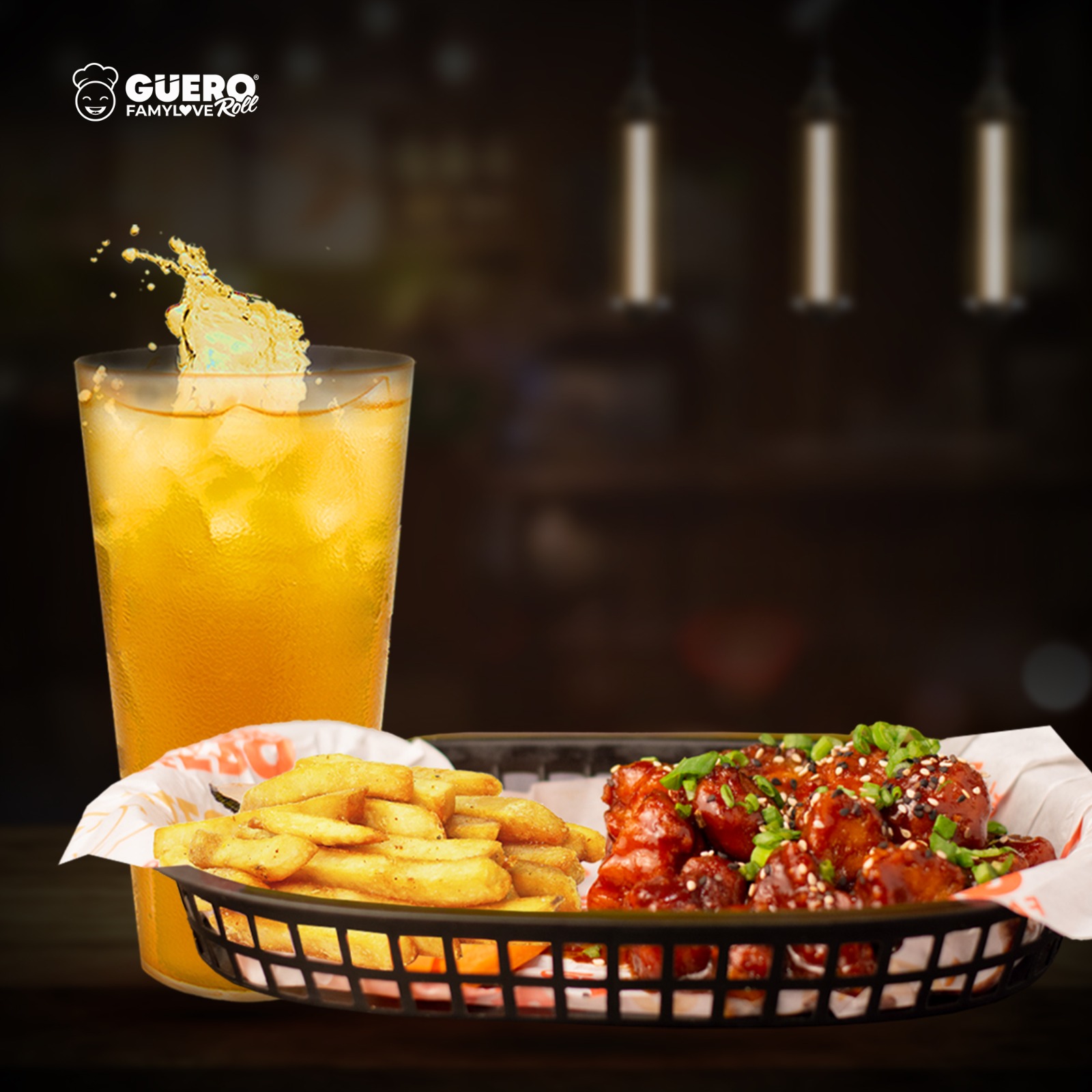 Alitas o Boneles + papas + ½ té
