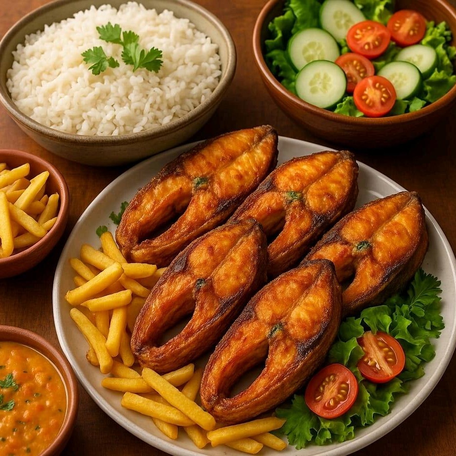 A corvinota frita é acompanhada por um arroz soltinho e bem temperado, um pirão caseiro e saboroso, uma salada fresca e colorida e batata frita.