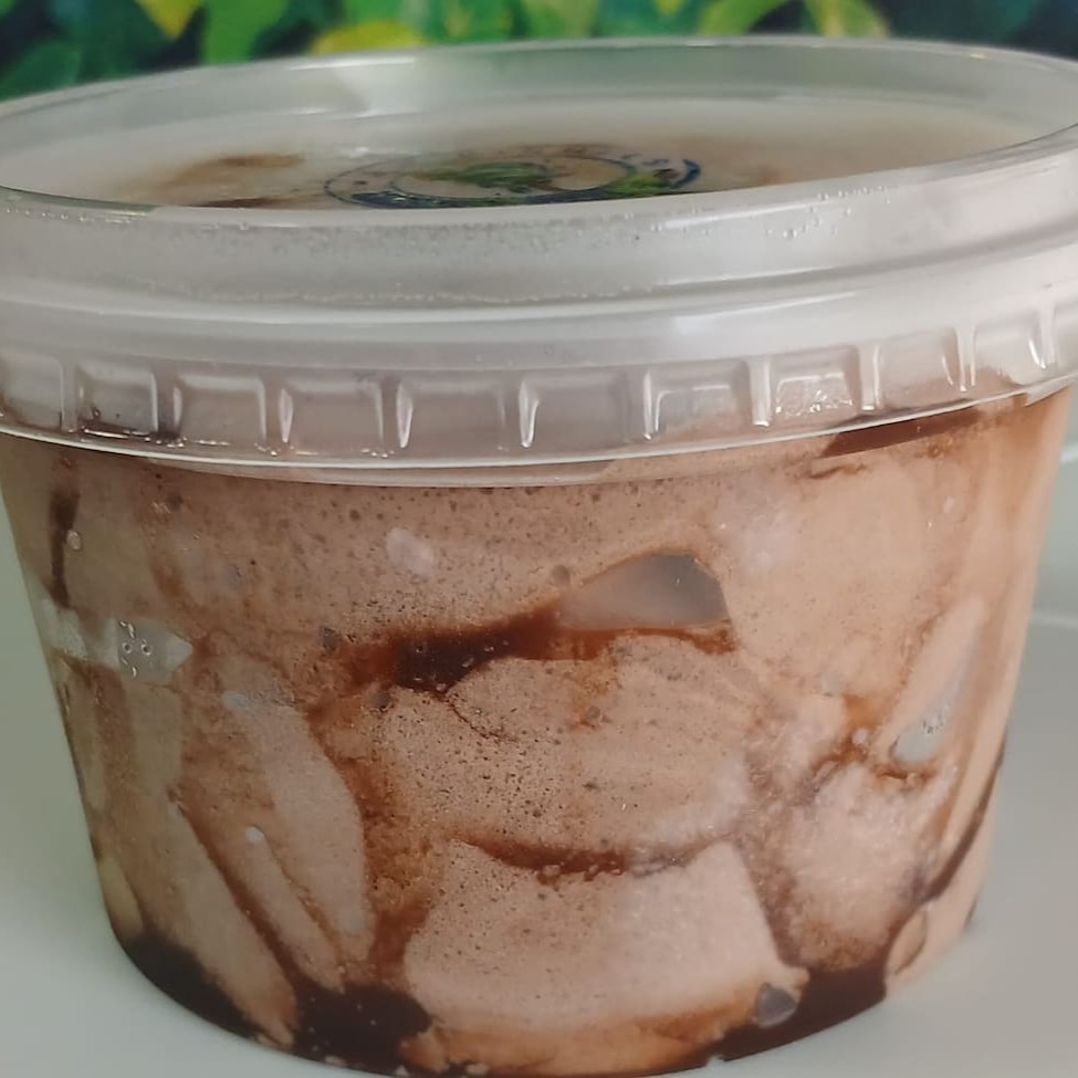 Sorvete de Chocolate Suíço  com cobertura de Chocolate (com adição de leite e seus derivados)