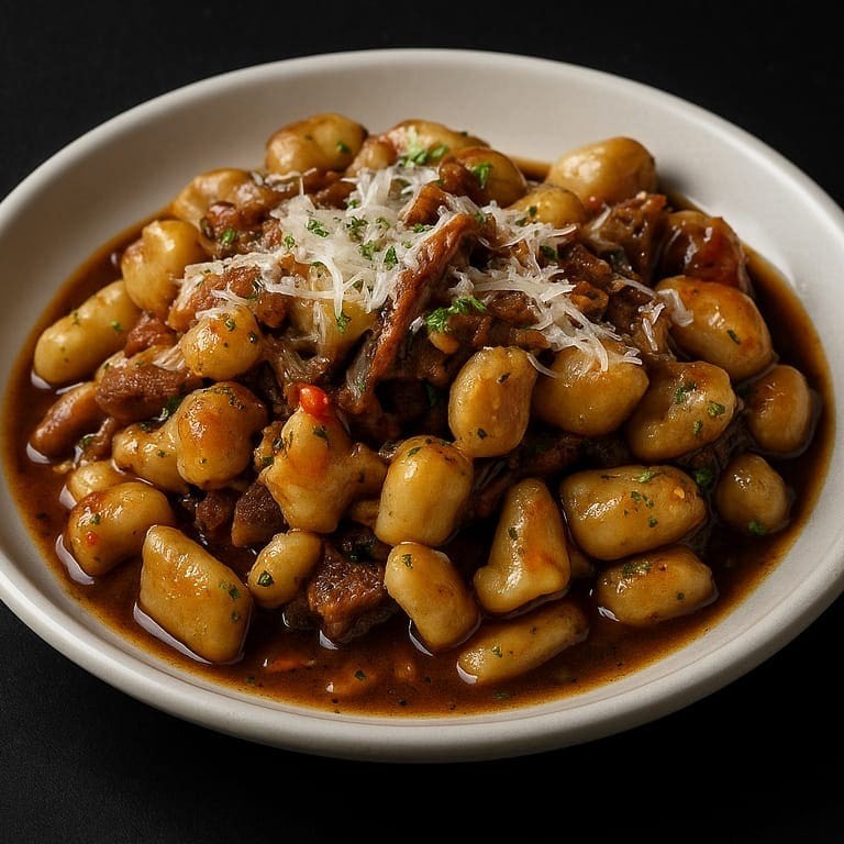 Massa macia de nhoque de aipim servida com molho especial de costela bovina desfiada com champignons, cebola caramelizada, acrescidos de vinho branco para realçar ainda mais os sabores. Este prato é finalizado com requeijão cremoso, mussarela e cheiro verde (salsinha + cebolinha). Uma explosão de sabores sofisticados a cada garfada.