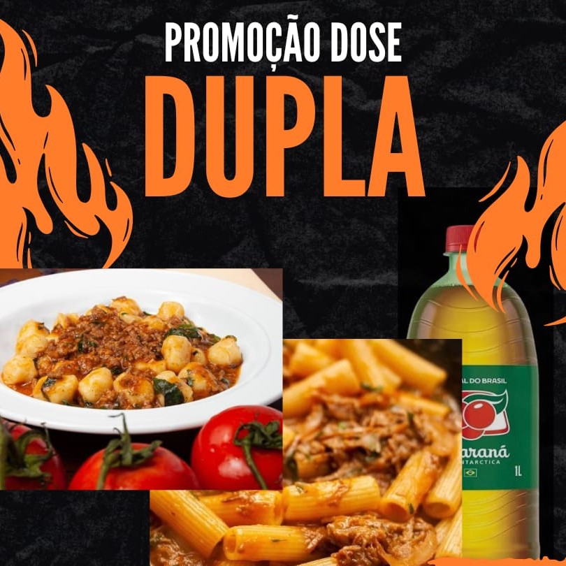 Desfrute de nossa cativante promoção: na compra de dois pratos personalizados da opção 'Monte sua Massa', você recebe inteiramente grátis um refrescante refrigerante Guaraná Antarctica de 1 litro ou uma autêntica Coca-Cola de 600ml. Este é o pacote perfeito para compartilhar uma refeição deliciosa e satisfatória em dose dupla. Aproveite esta oferta imperdível!