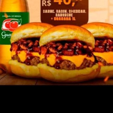 3 x barbecue : pão , carne, bacon , cheddar em creme e barbecue, ganha 1 Guaraná 1lt ou flexão 2lt