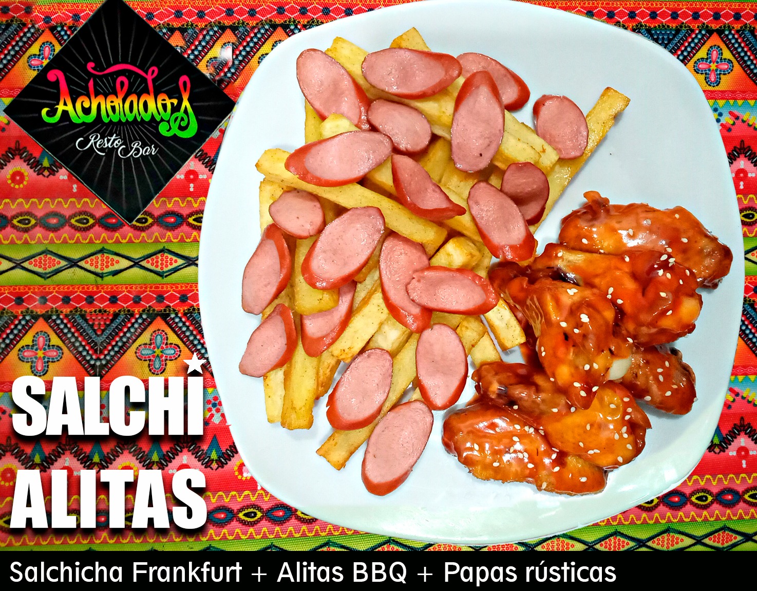 Salchipapa con alitas BBQ