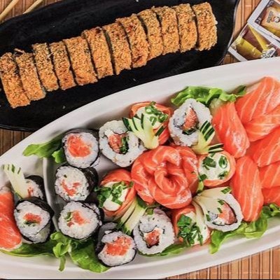 5 sashimi salmão, 4 joe, 8 sushi salmão, 8 uramaki filadelfia, 10 makimono filadelfia, 10 hot filadelfia.