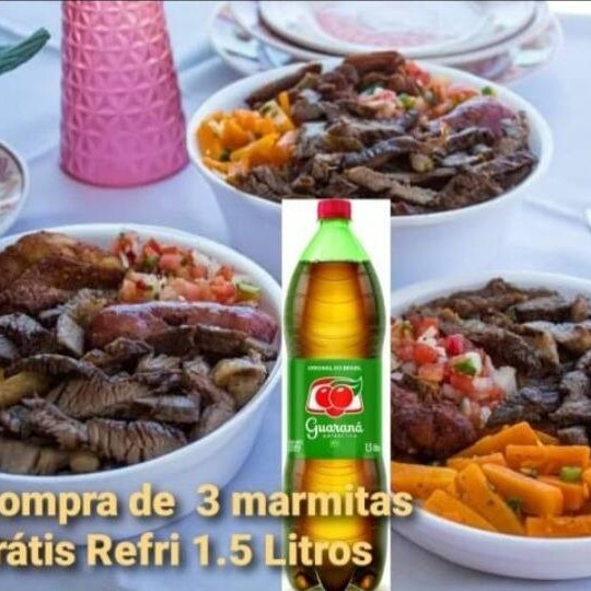 As 3 Quentinhas de Churrasco acompanham: Arroz, Feijão, Batata Frita, Farofa e Salada do Dia. Gratis refrigerante Guaraná Antártica 1.5litros.