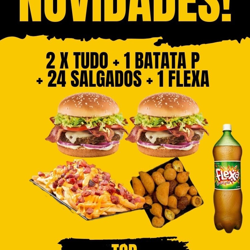 2 x tudo : pão , carne, ovo, bacon, queijo cheddar, presunto, salada e batata palha e molho+ batata p turbina c/ bacon e cheddar + 24 salgados (sortidos)+ flexão sabores