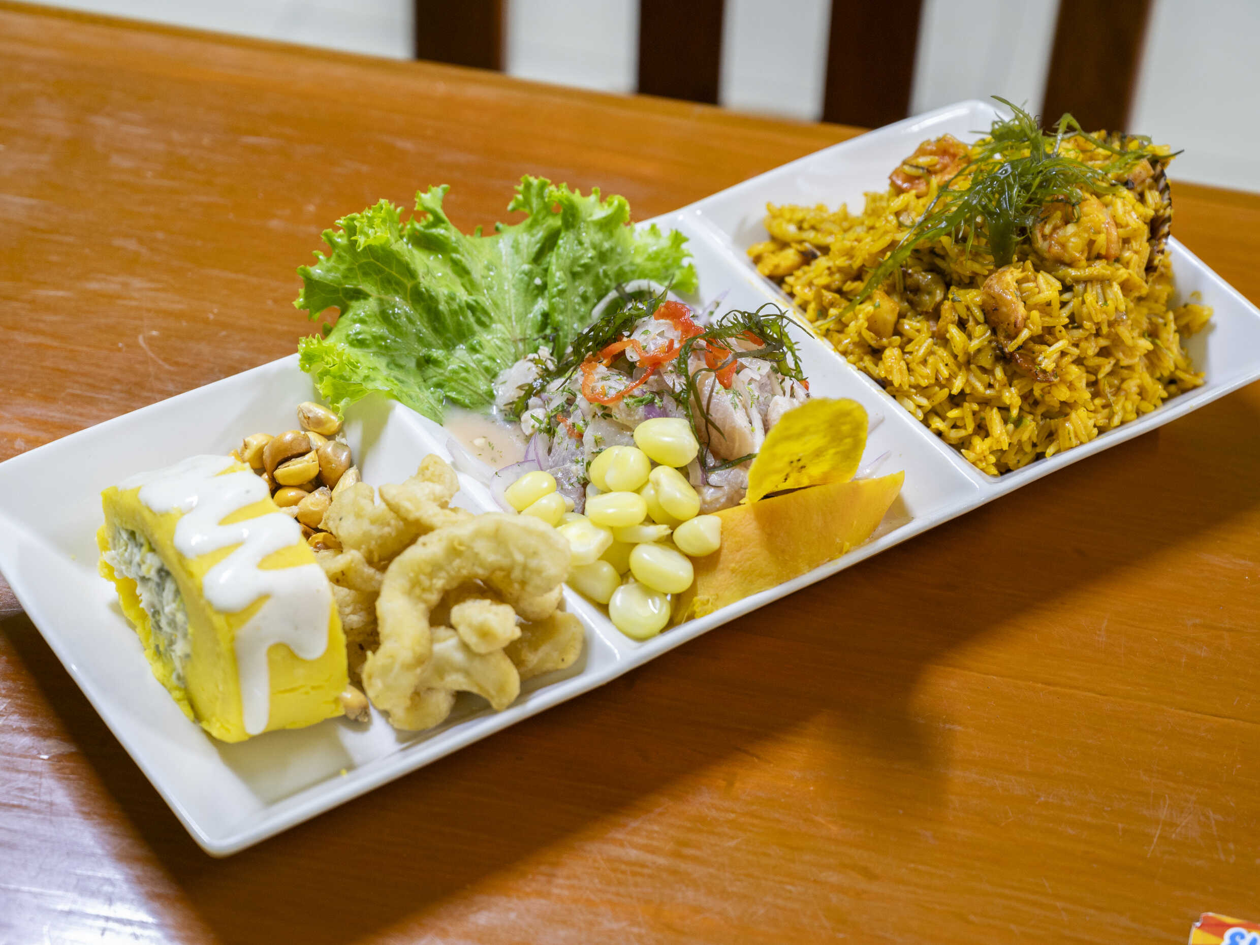 Arroz con Mariscos, Ceviche de pescado y Causa