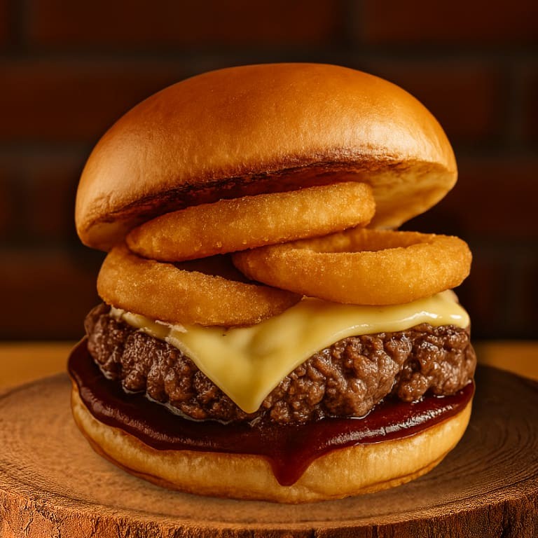 Pão de brioche, Blend Angus 160g, queijo prato, aneis de cebola empanados e molho Barbecue Defumado